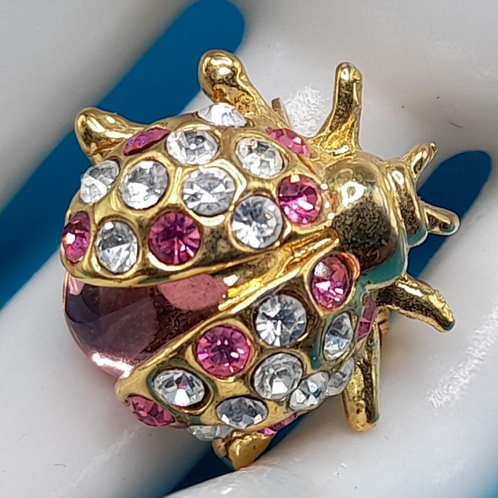 Vintage Pink Clear Rhinestone Miniature Ladybug Cabochon Pin Brooch